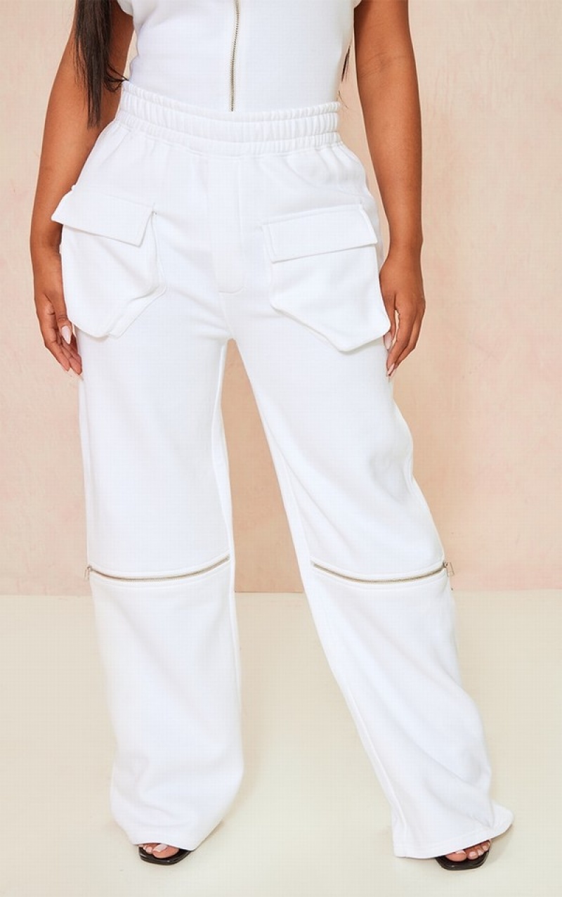 White Pretty Little Thing Shape Utility Zip Front Wide Leg Sweatpants | EZLAJNW-58