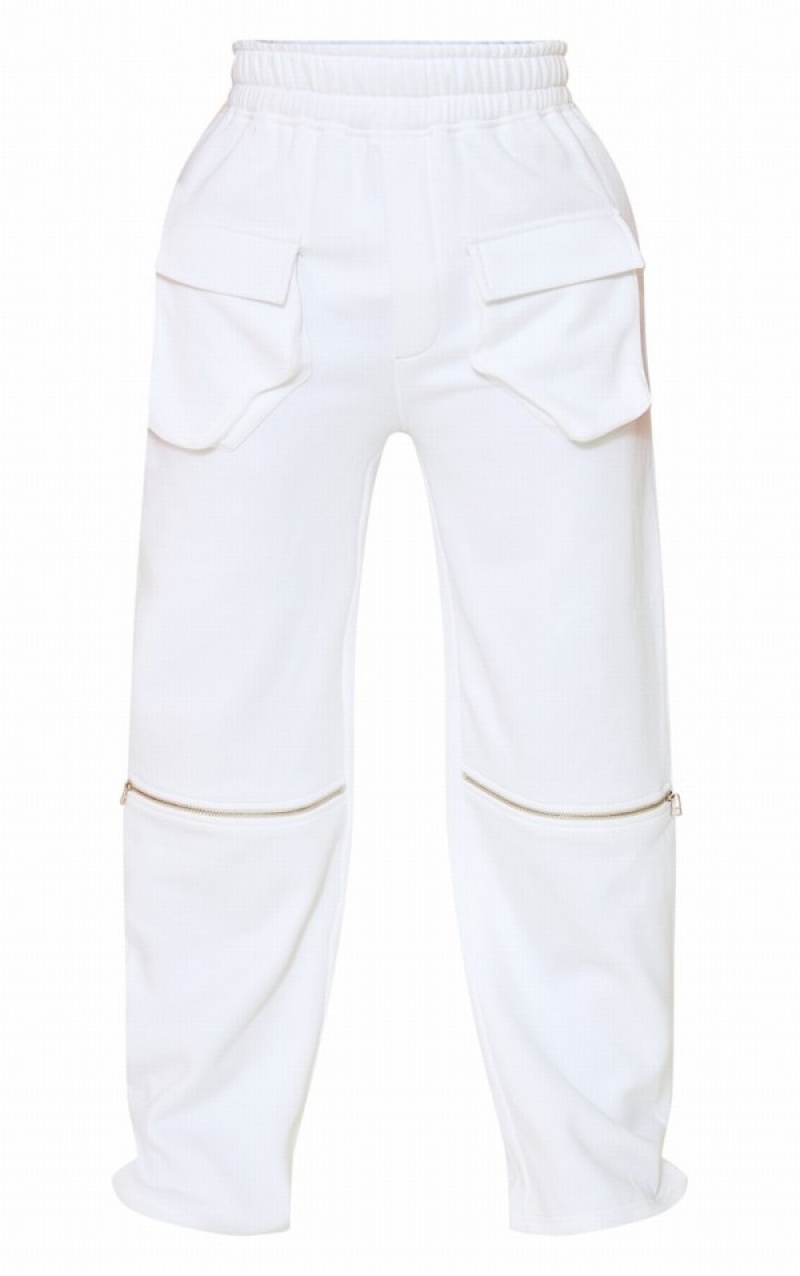 White Pretty Little Thing Shape Utility Zip Front Wide Leg Sweatpants | EZLAJNW-58