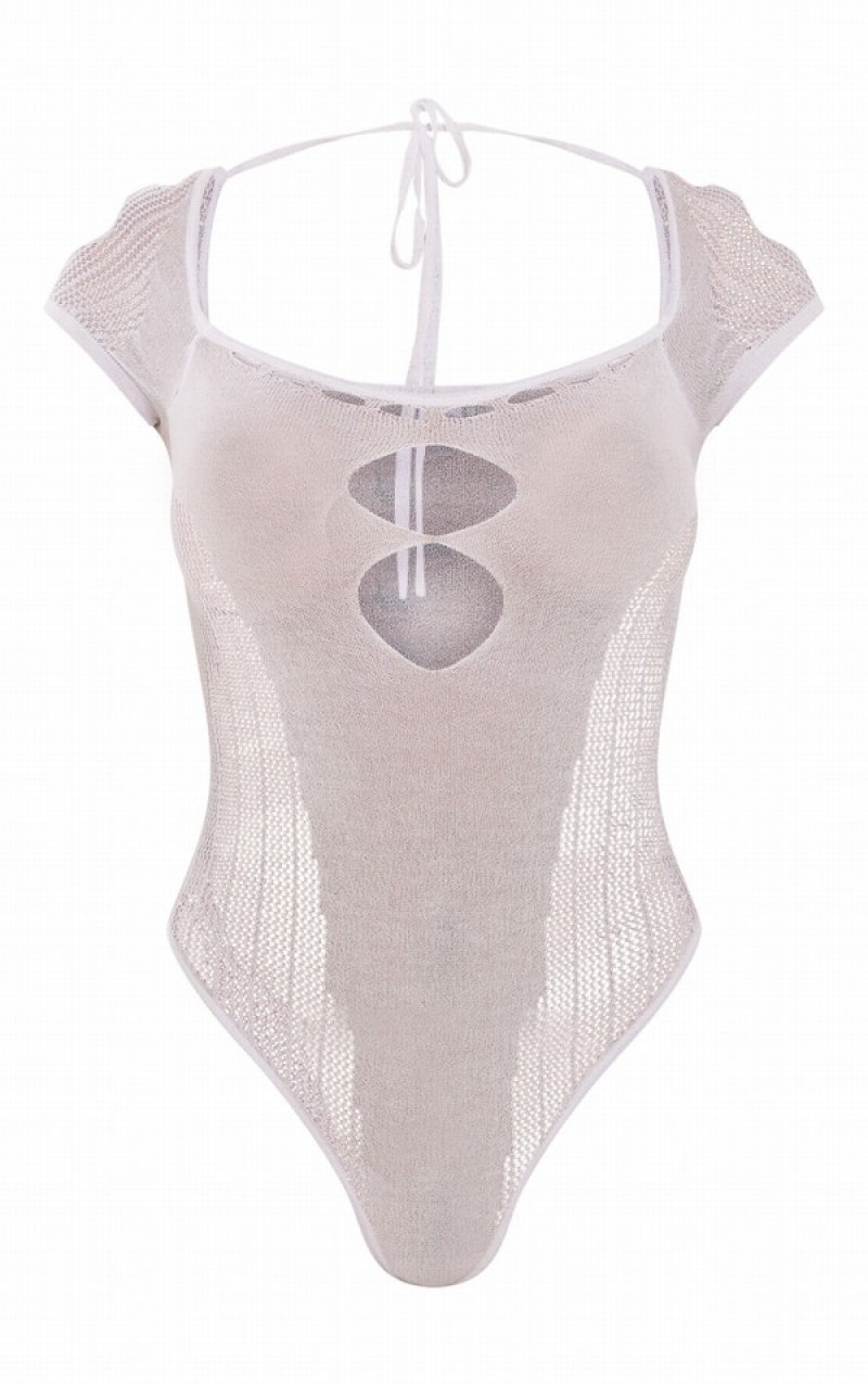 White Pretty Little Thing Sheer Knit Cut Out Panelled Bodysuits | KHTIYSU-50