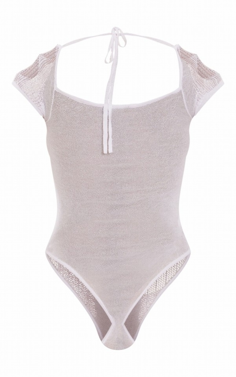 White Pretty Little Thing Sheer Knit Cut Out Panelled Bodysuits | KHTIYSU-50