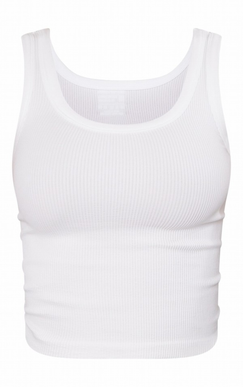 White Pretty Little Thing Snatched Rib Scoop Tanks | BKCUDTH-89