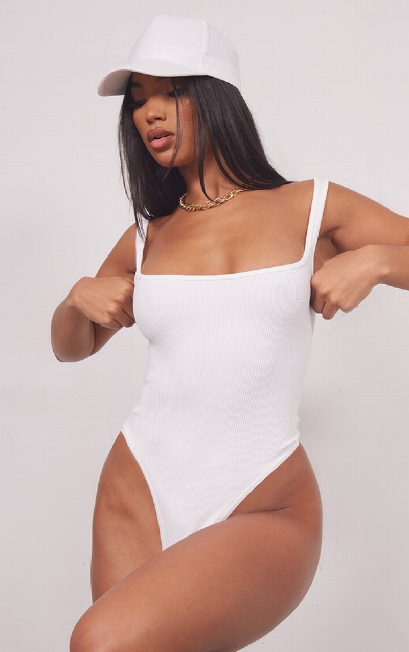 White Pretty Little Thing Snatched Rib Square Neck Sleeveless Bodysuits | IGVXJKW-59