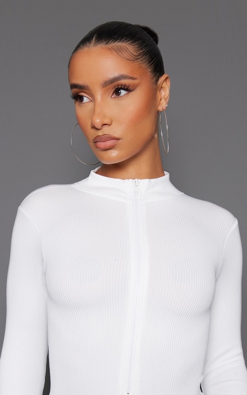 White Pretty Little Thing Snatched Rib Zip Up Long Sleeve Bodysuits | IGXLNBW-72