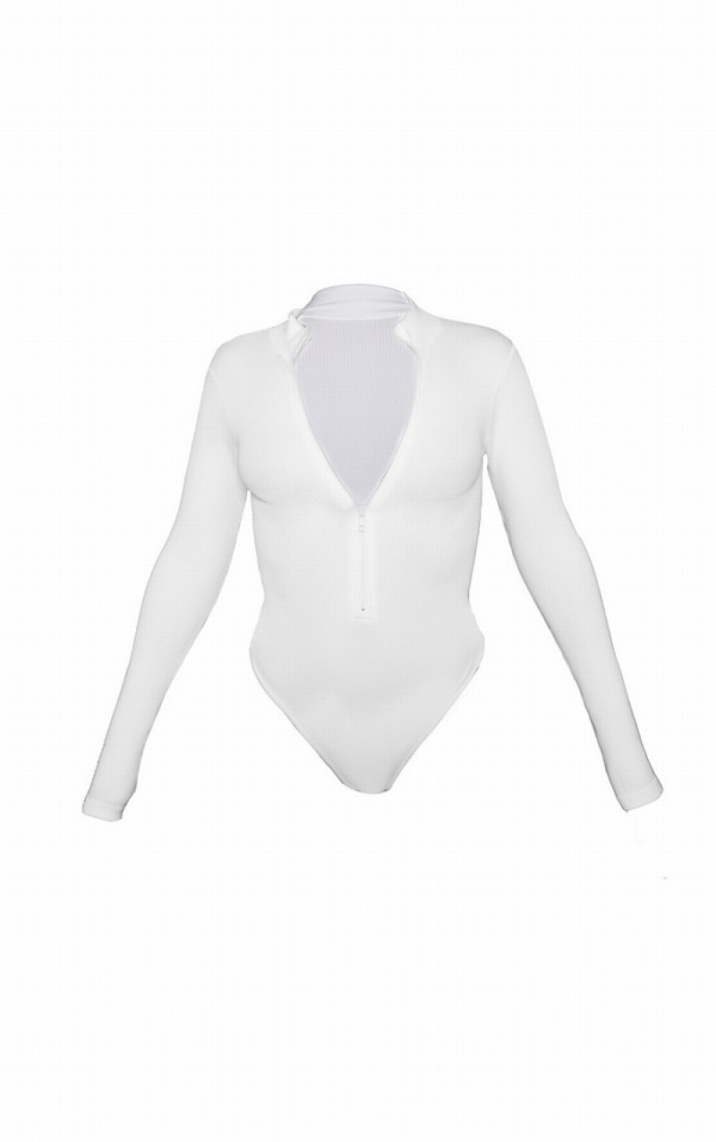 White Pretty Little Thing Snatched Rib Zip Up Long Sleeve Bodysuits | IGXLNBW-72