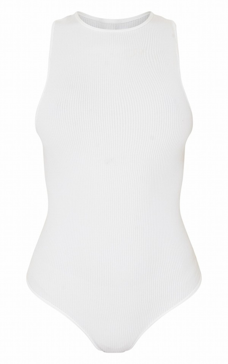 White Pretty Little Thing StructuContour Racer Neck Ribbed Bodysuits | CXBSMQP-46