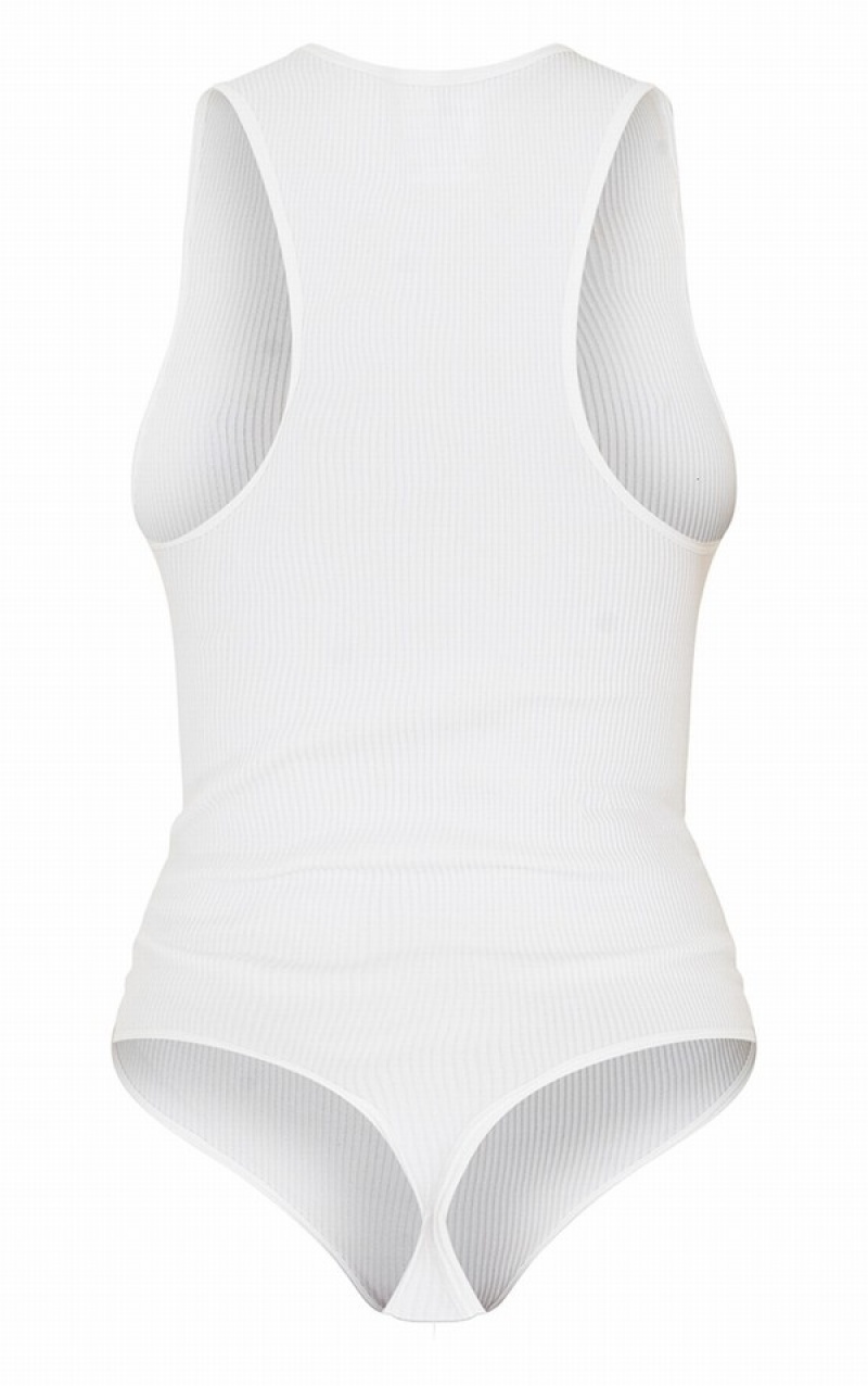 White Pretty Little Thing StructuContour Racer Neck Ribbed Bodysuits | CXBSMQP-46