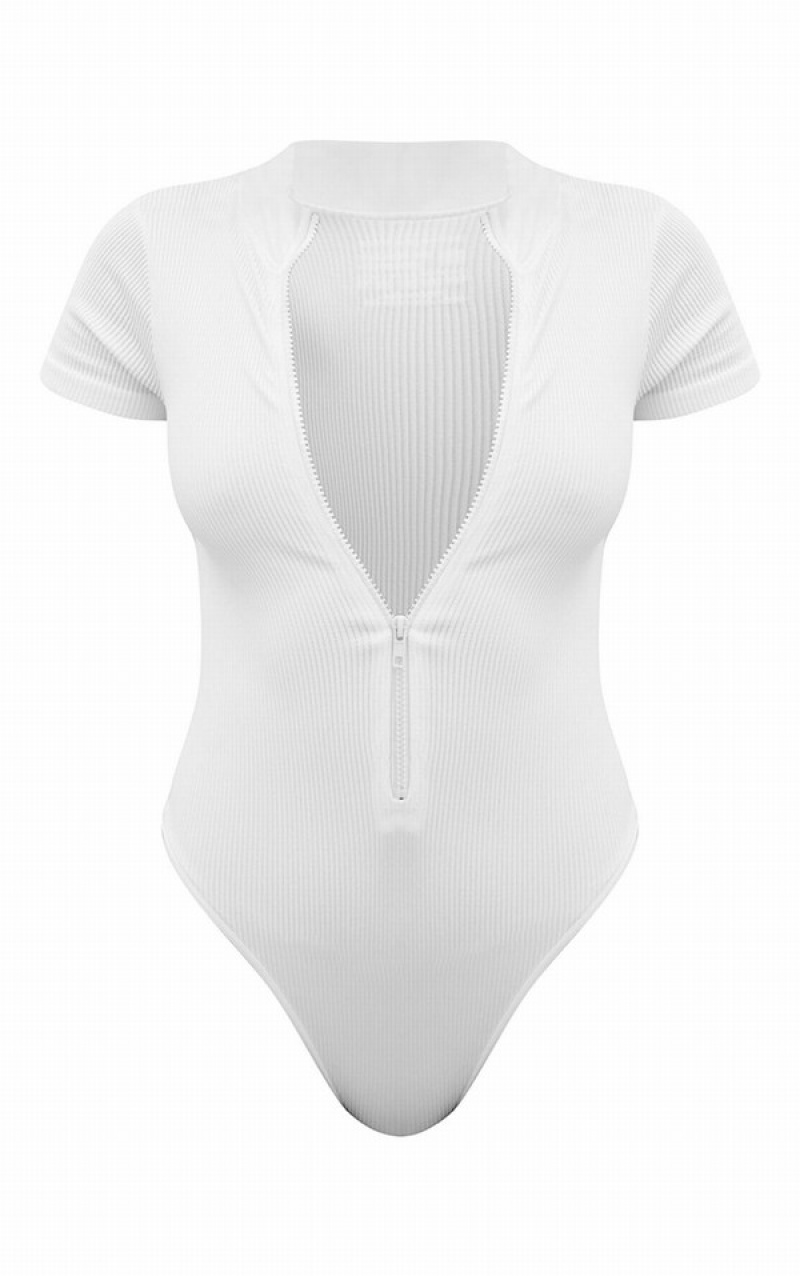 White Pretty Little Thing StructuSnatched Ribbed Zip Front Sleeve Bodysuits | ISTNJVC-01