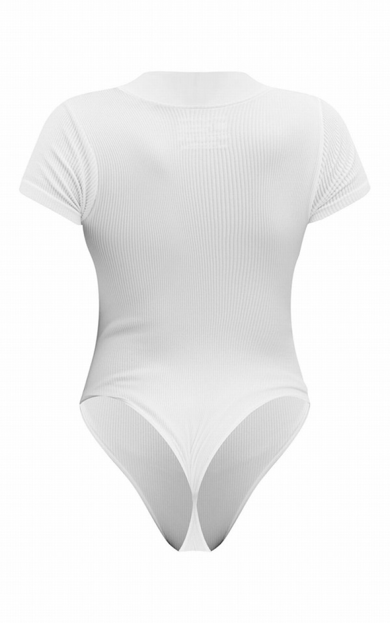 White Pretty Little Thing StructuSnatched Ribbed Zip Front Sleeve Bodysuits | ISTNJVC-01