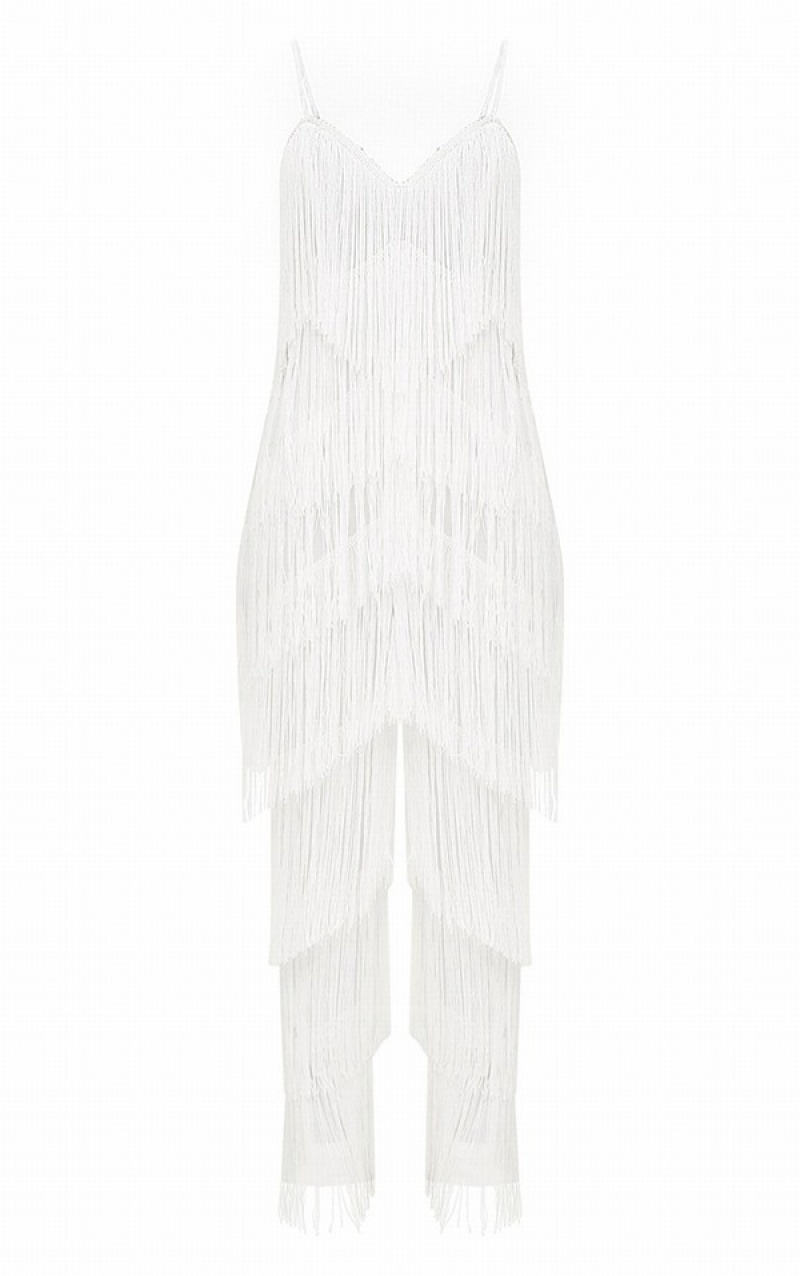 White Pretty Little Thing Tassel Plunge Jumpsuits | KVNQWZD-61