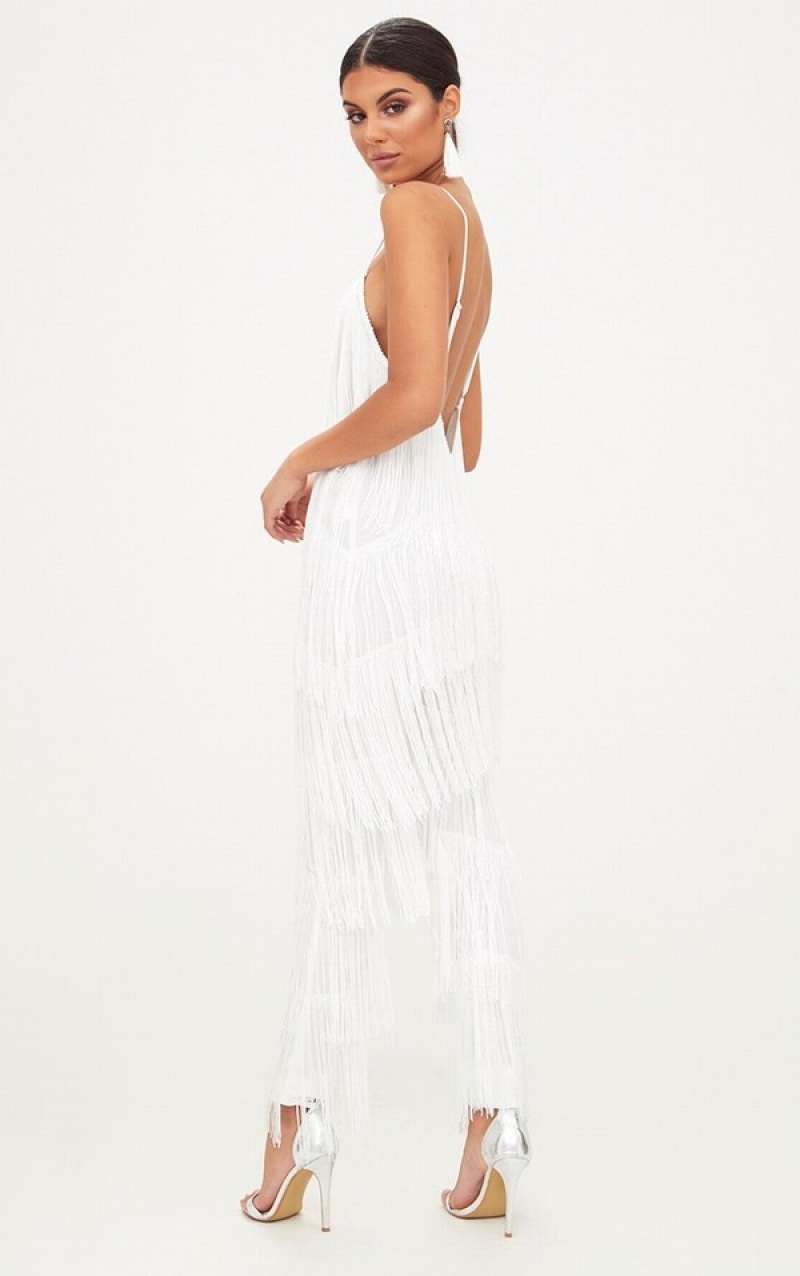 White Pretty Little Thing Tassel Plunge Jumpsuits | KVNQWZD-61