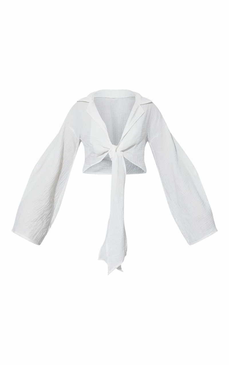 White Pretty Little Thing TextuOversized Tie Front Shirts | JAKEOCP-54