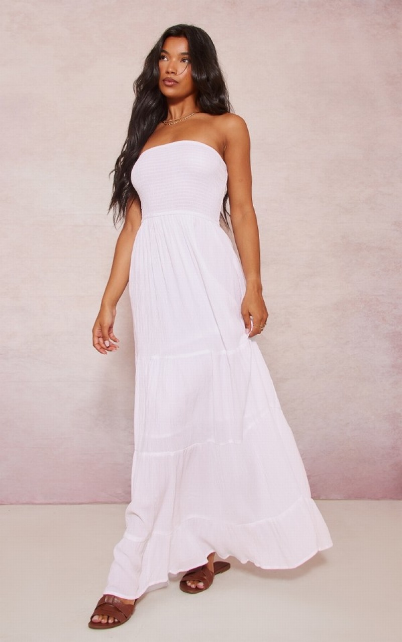 White Pretty Little Thing TextuShirBandeau TieFloaty Maxi Dresses | HPXCZOM-76