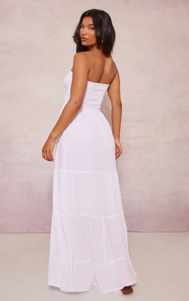 White Pretty Little Thing TextuShirBandeau TieFloaty Maxi Dresses | HPXCZOM-76