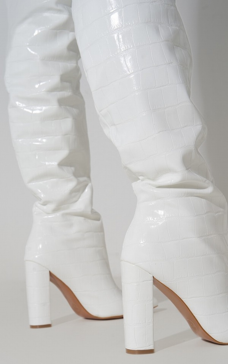 White Pretty Little Thing Thigh High Point Block Heels | BZWXJHT-92