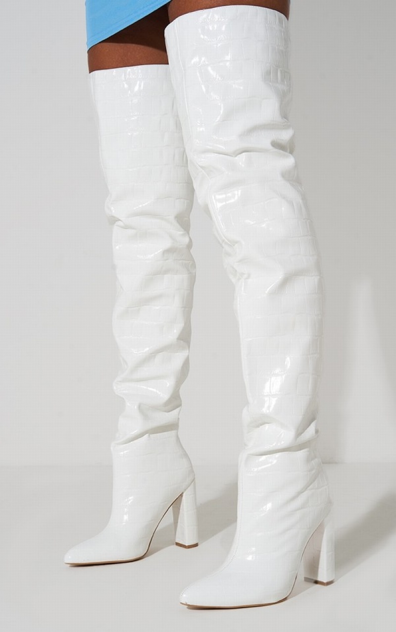 White Pretty Little Thing Thigh High Point Block Boots | JLIOGFU-07