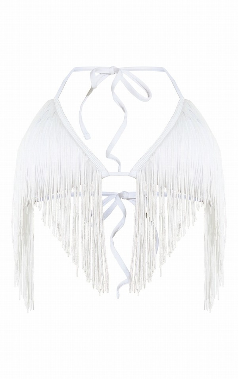 White Pretty Little Thing Triangle Extreme Tassel Bikini Tops | CHVFGJW-93