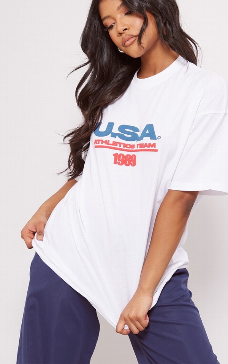 White Pretty Little Thing USA Athletics Print T-shirts | BRCMYGQ-21