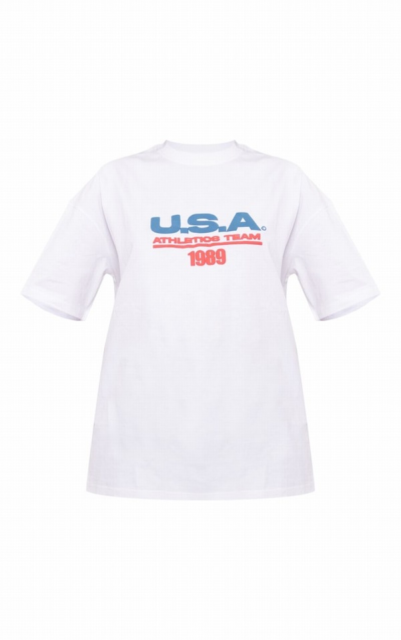 White Pretty Little Thing USA Athletics Print T-shirts | BRCMYGQ-21