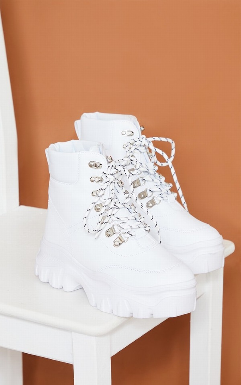 White Pretty Little Thing Whiteform Chunky Combat Boots | KNFHJVZ-92