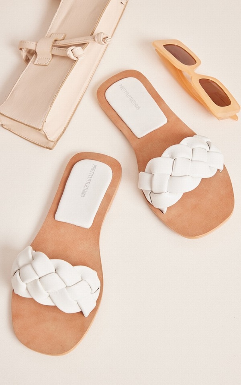 White Pretty Little Thing Wide Fit Leather Extreme Padded Plaited Strap Sandals | EFJYMIW-18