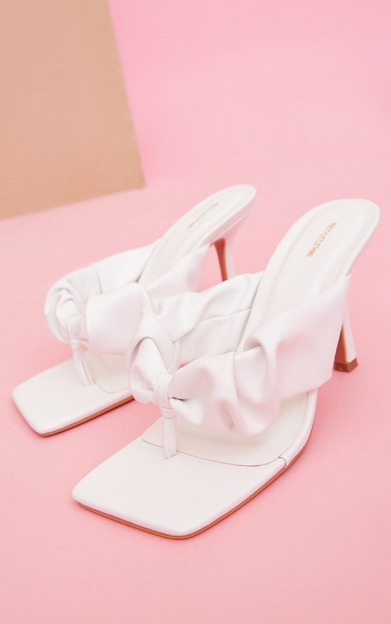 White Pretty Little Thing Wide Fit PU Square Toe Ruched Strap Toe Higheds Heels | JIOQBHW-81