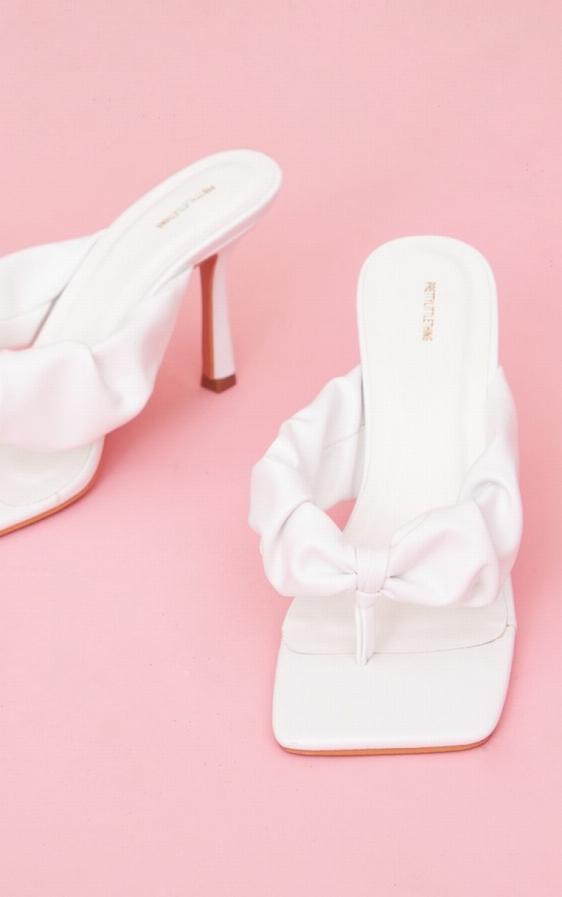 White Pretty Little Thing Wide Fit PU Square Toe Ruched Strap Toe Higheds Heels | JIOQBHW-81