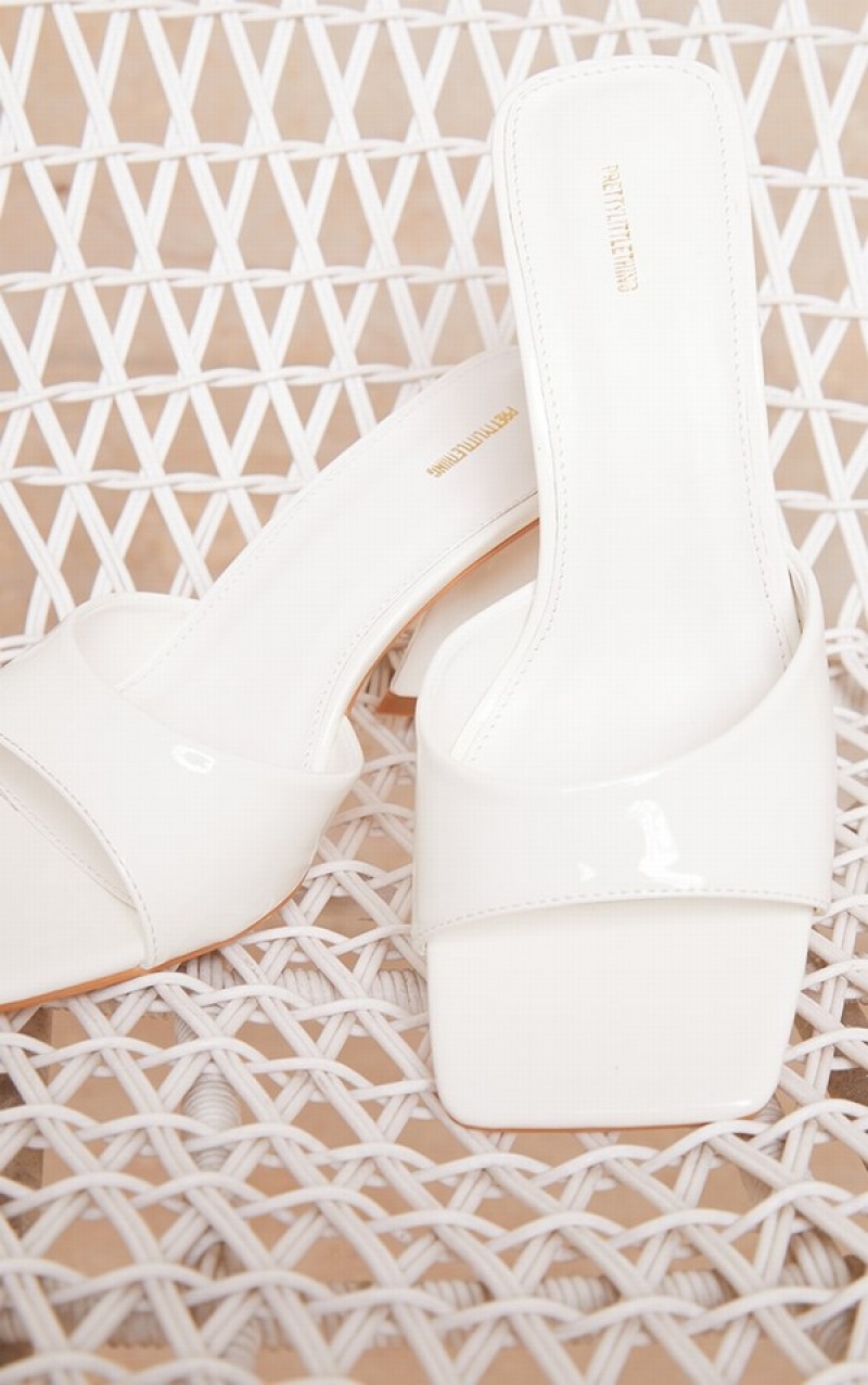 White Pretty Little Thing Wide Fit Patent Triangle Low Block Heels | SRANCKX-92