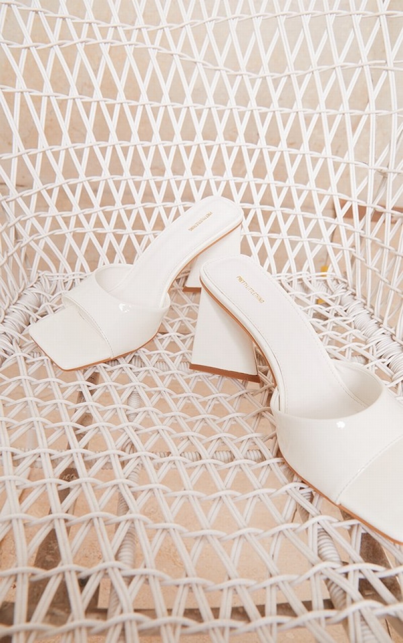 White Pretty Little Thing Wide Fit Patent Triangle Low Block Heels | SRANCKX-92