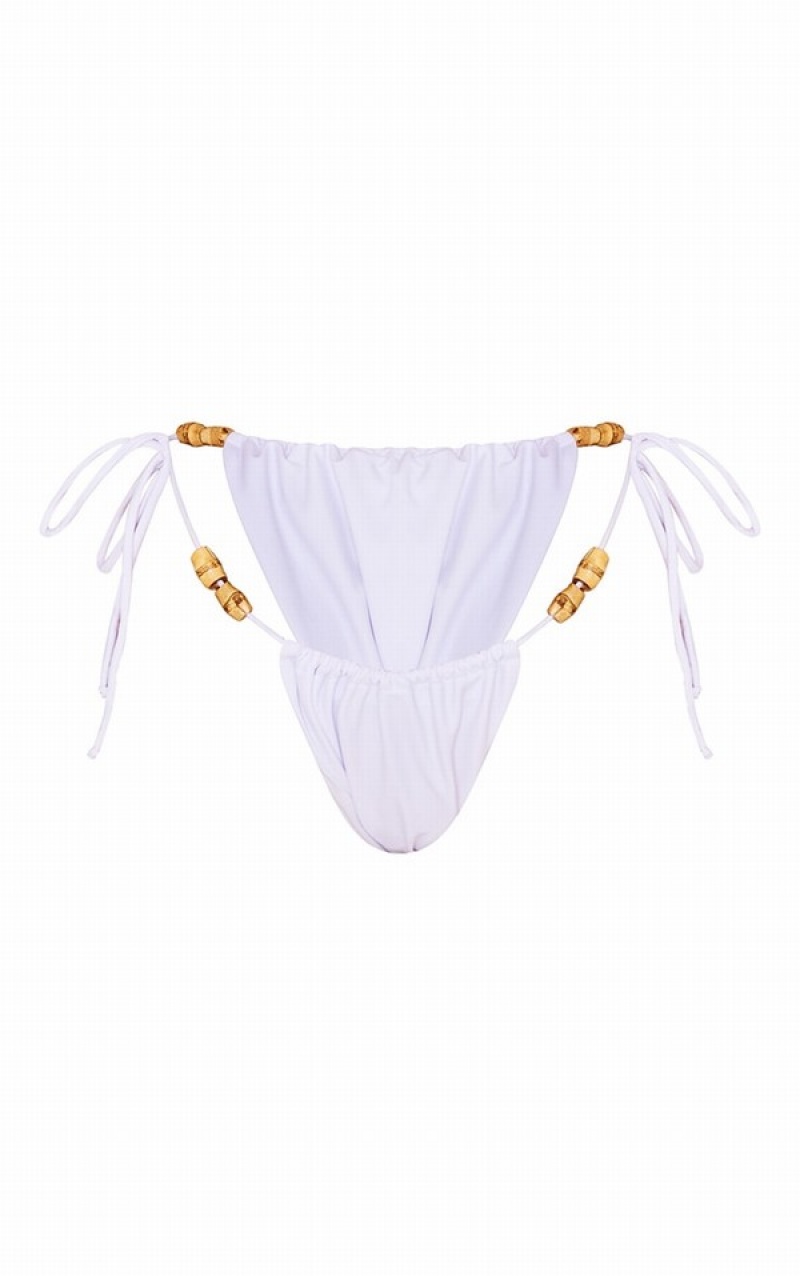 White Pretty Little Thing Wooden Bead Ruched Tie Side Bikini Bottoms | GMJIYRH-85