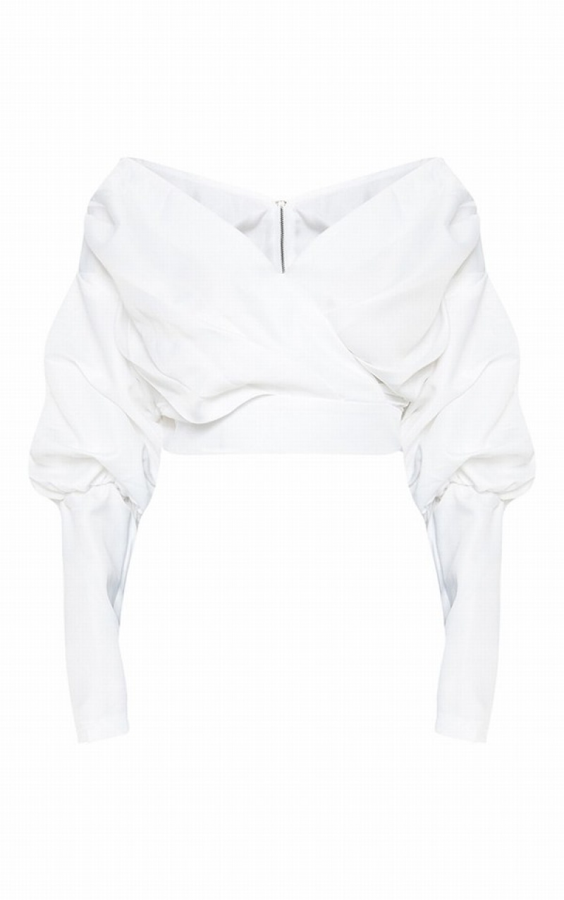 White Pretty Little Thing Woven Puff Sleeve Crop Shirts | HACBLIU-97