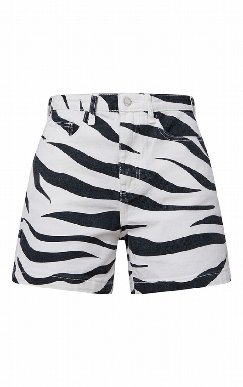 White / Black Pretty Little Thing Monochrome Zebra Print Mom Shorts | HUAIWDE-02