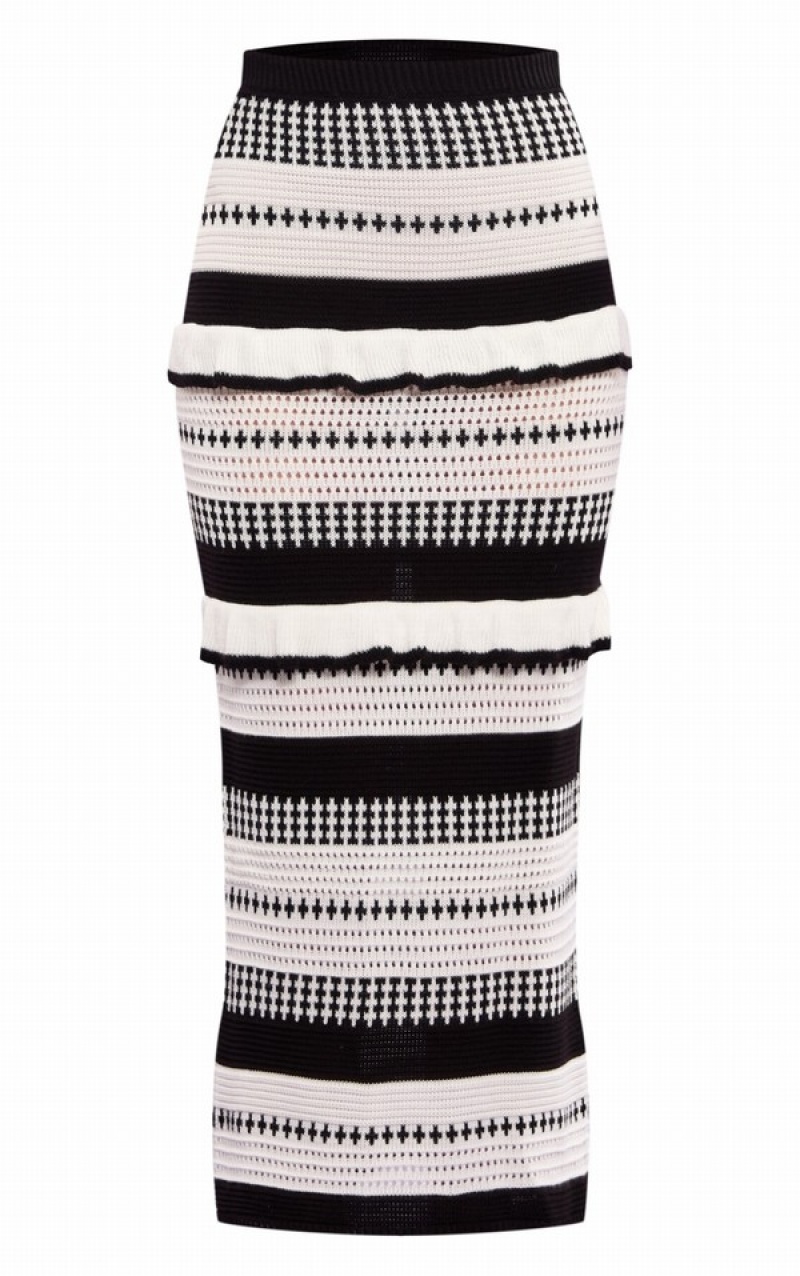 White / Black Pretty Little Thing Monochrome Contrast Stitch Crochet Knit Midaxi Skirts | AKUTVGY-25