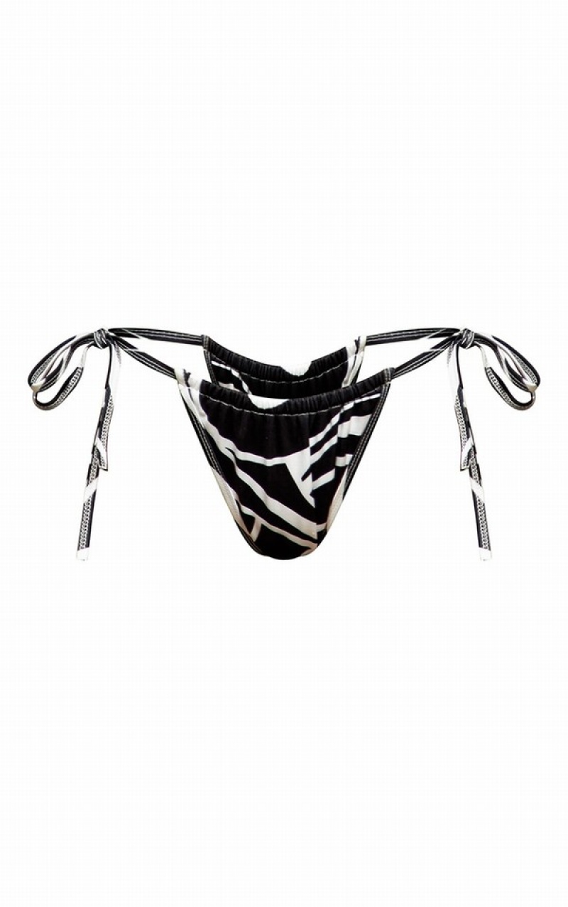 White / Black Pretty Little Thing Monochrome Animal Print Tie Side Bikini Bottoms | MHBDPSG-61