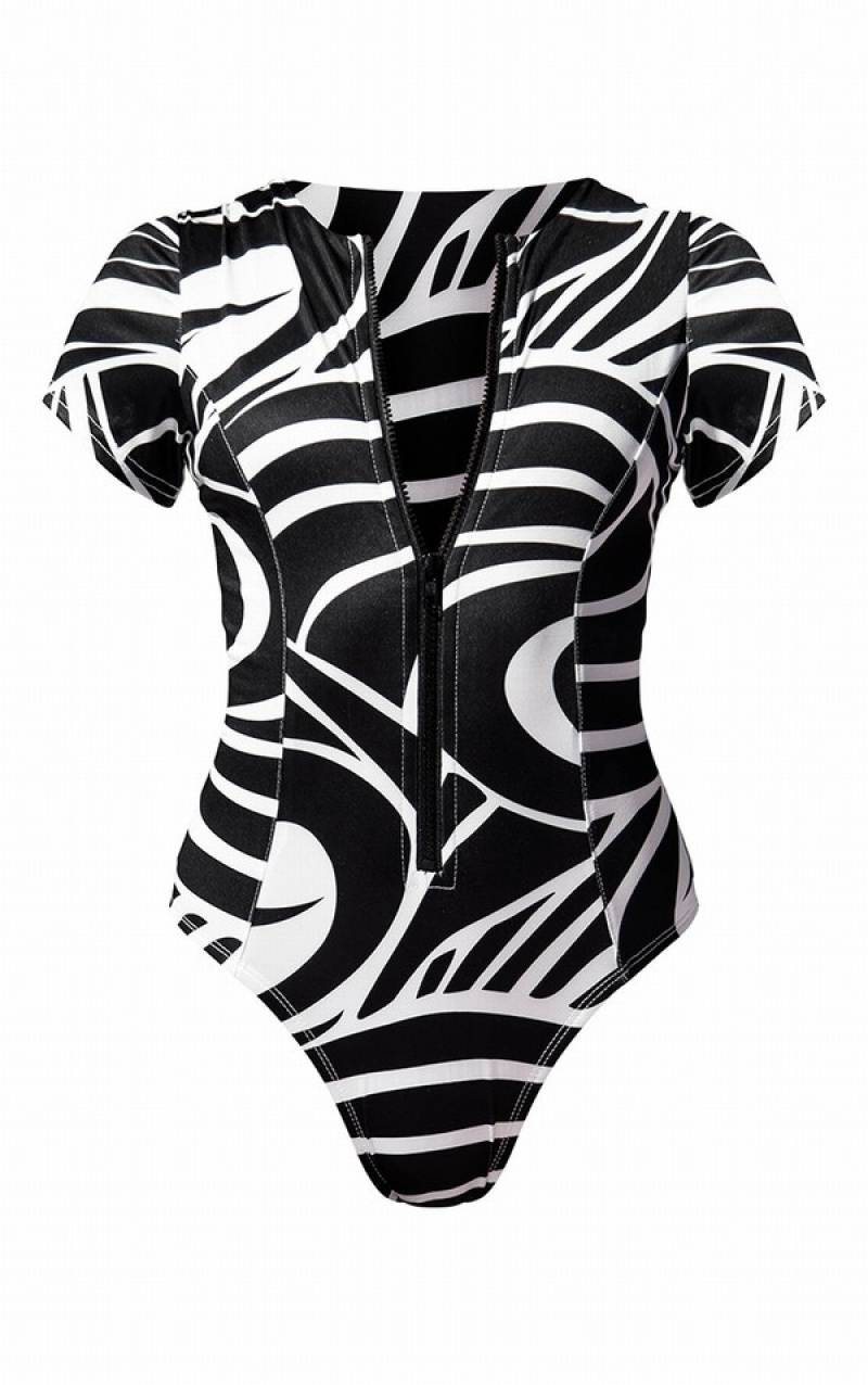 White / Black Pretty Little Thing Monochrome Zip Up Swimsuits | FYLIORT-47