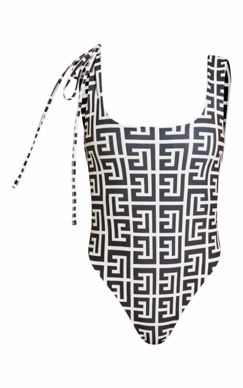 White / Black Pretty Little Thing Monochrome Monogram Tie Waist Scoop Neck Swimsuits | VUFNTPX-80