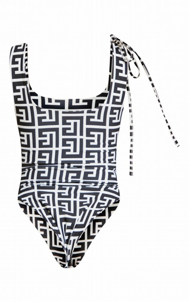 White / Black Pretty Little Thing Monochrome Monogram Tie Waist Scoop Neck Swimsuits | VUFNTPX-80