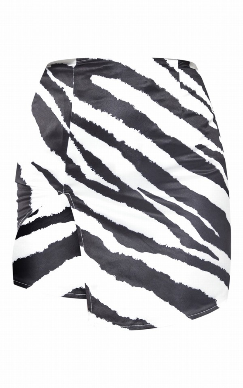 White / Black Pretty Little Thing Zebra TailoSatin Asymmetric Split Front Skirts | EMDOLPA-02