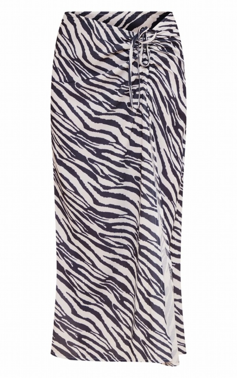 White / Black Pretty Little Thing Zebra Woven Printed Ruched Tie Detail Split Leg Midaxi Skirts | WKONRHC-64