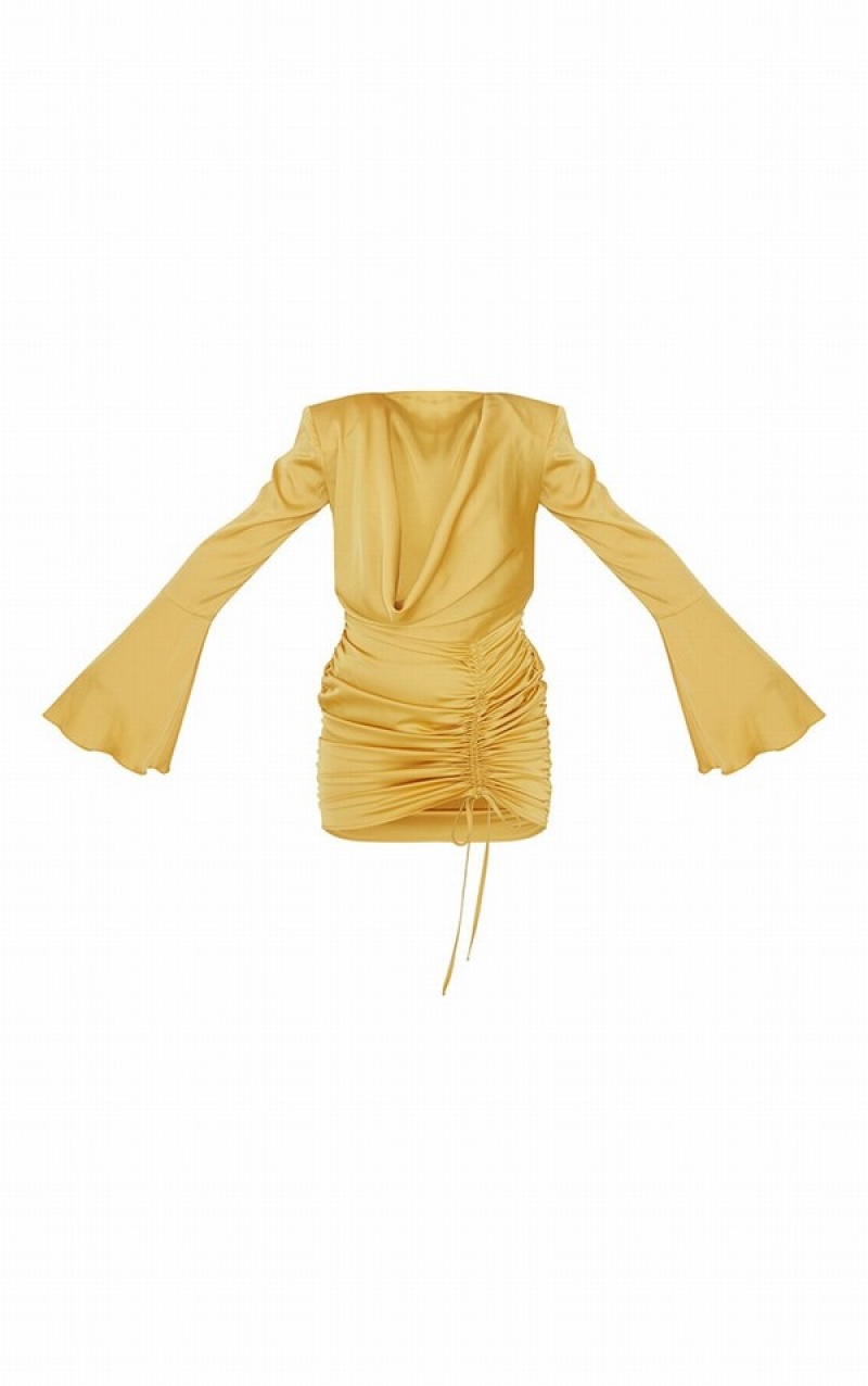 Yellow Pretty Little Thing Chartreuse Ruched Plunge Cowl Neck Drape Dresses | VWOYHKS-05