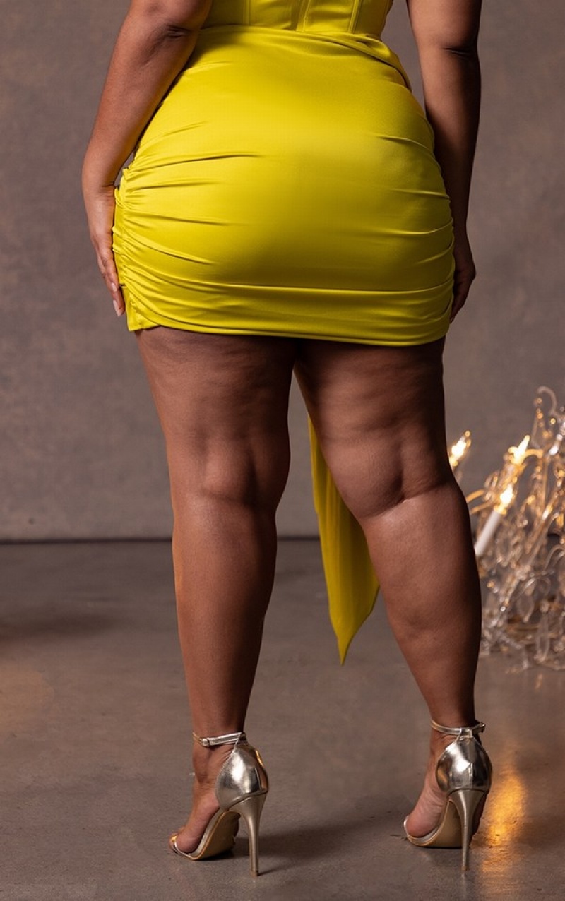 Yellow Pretty Little Thing Plus Chartreuse Constructed Satin Ruched Drape Bodycon Skirts | MNOACBE-34