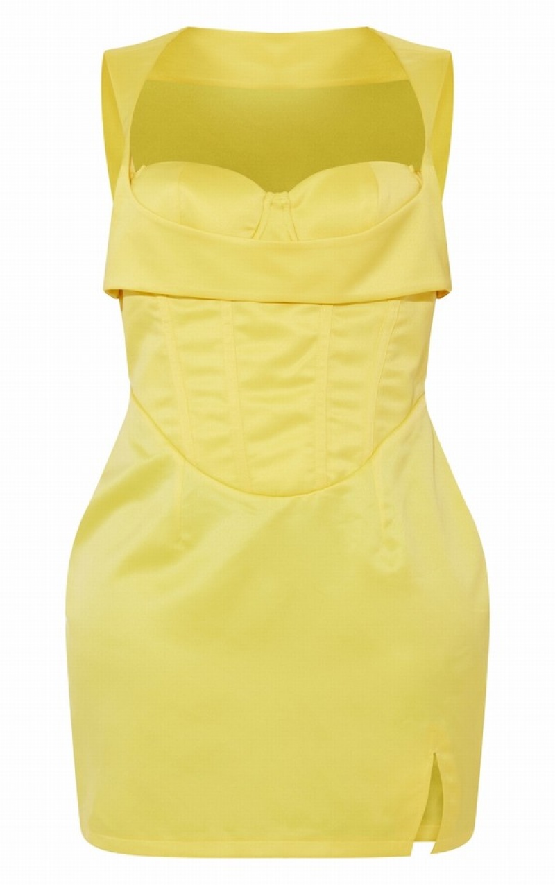 Yellow Pretty Little Thing Shape Yellow StructuSatin Corset Detail Dresses | JVWMTUB-82