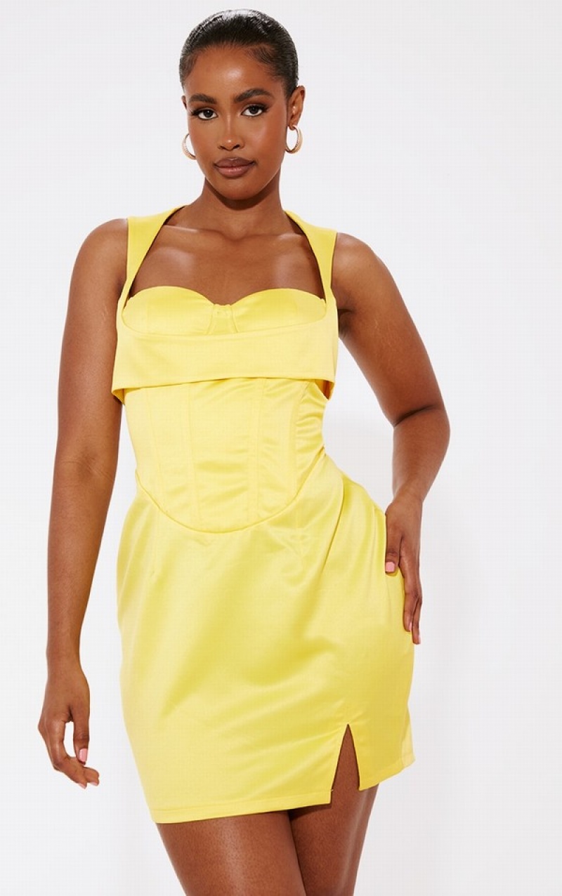 Yellow Pretty Little Thing Shape Yellow StructuSatin Corset Detail Dresses | JVWMTUB-82