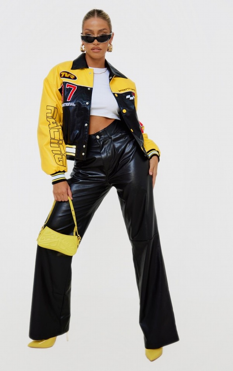 Yellow Pretty Little Thing Yellow Faux Leather Motocross Racer Bomber Jackets | NHFJIGW-50