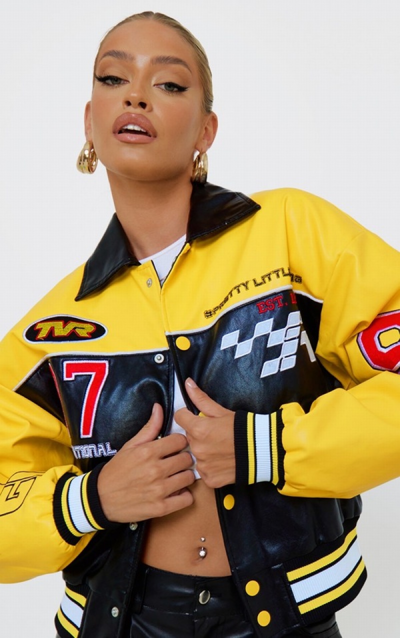 Yellow Pretty Little Thing Yellow Faux Leather Motocross Racer Bomber Jackets | NHFJIGW-50