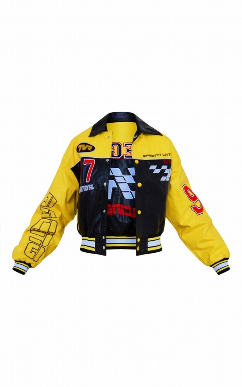 Yellow Pretty Little Thing Yellow Faux Leather Motocross Racer Bomber Jackets | NHFJIGW-50