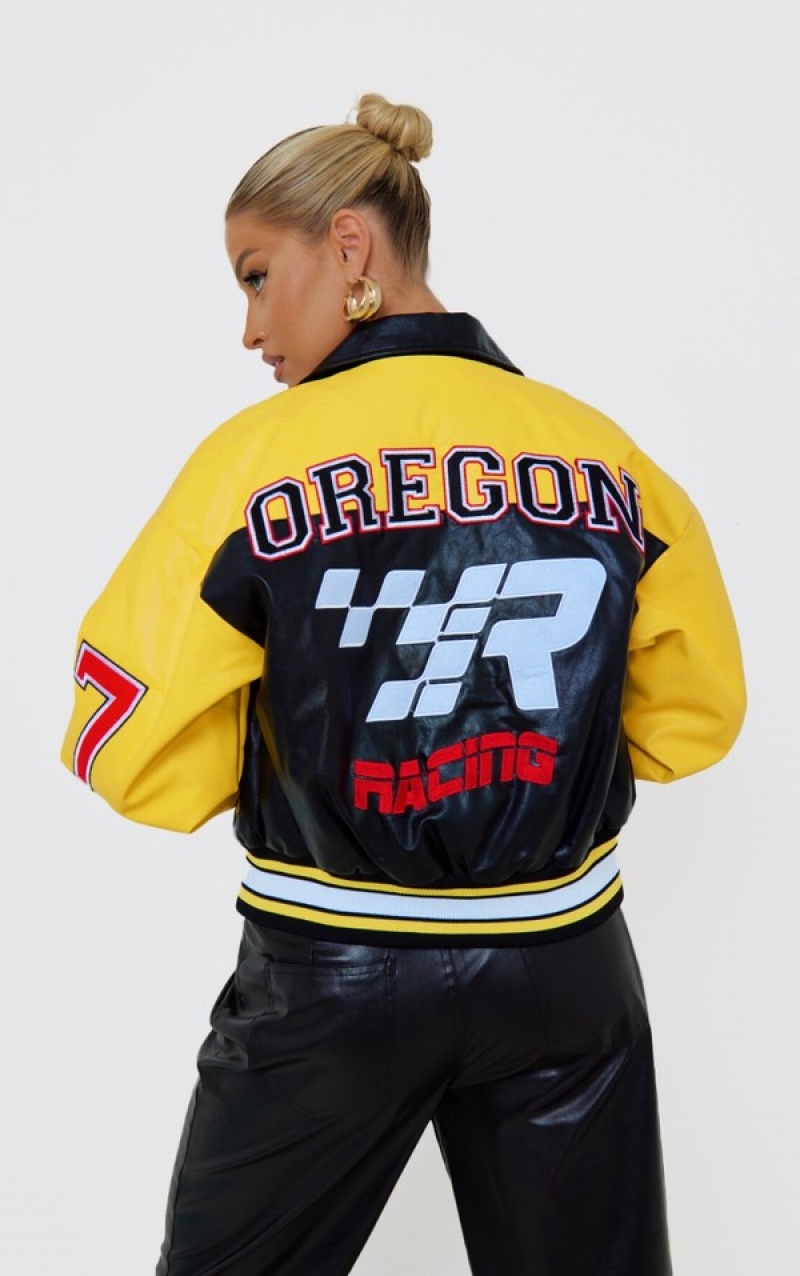 Yellow Pretty Little Thing Yellow Faux Leather Motocross Racer Bomber Jackets | NHFJIGW-50