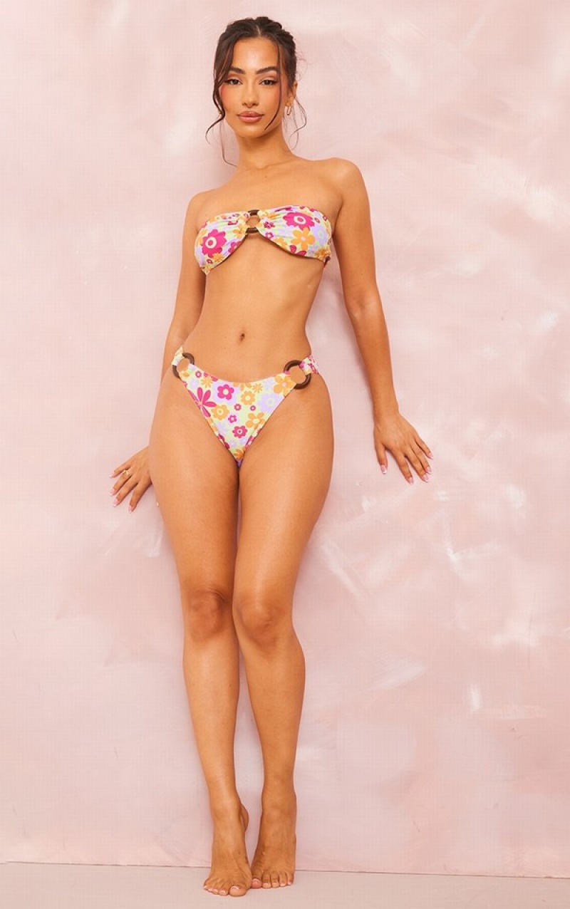 Yellow Pretty Little Thing Yellow Mixed Floral O Bandeau Bikini Tops | IEKTMZQ-13