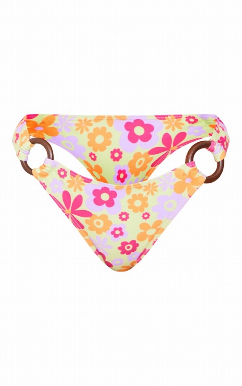 Yellow Pretty Little Thing Yellow Mixed Floral High Leg Bikini Bottoms | IKGOUPD-80