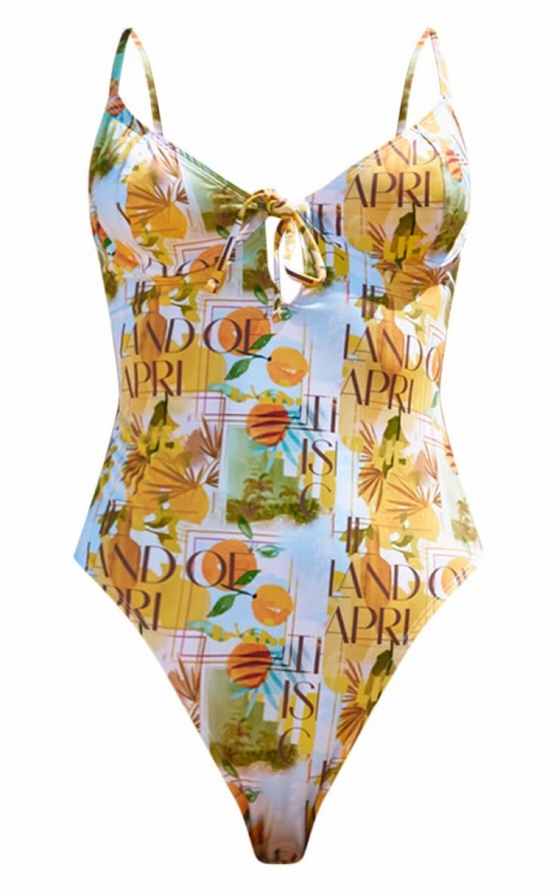 Yellow Pretty Little Thing Yellow ri Print Underwired Swimsuits | XWTABPM-12