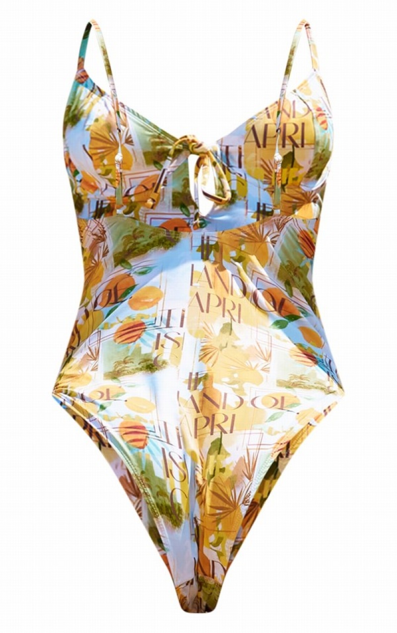 Yellow Pretty Little Thing Yellow ri Print Underwired Swimsuits | XWTABPM-12